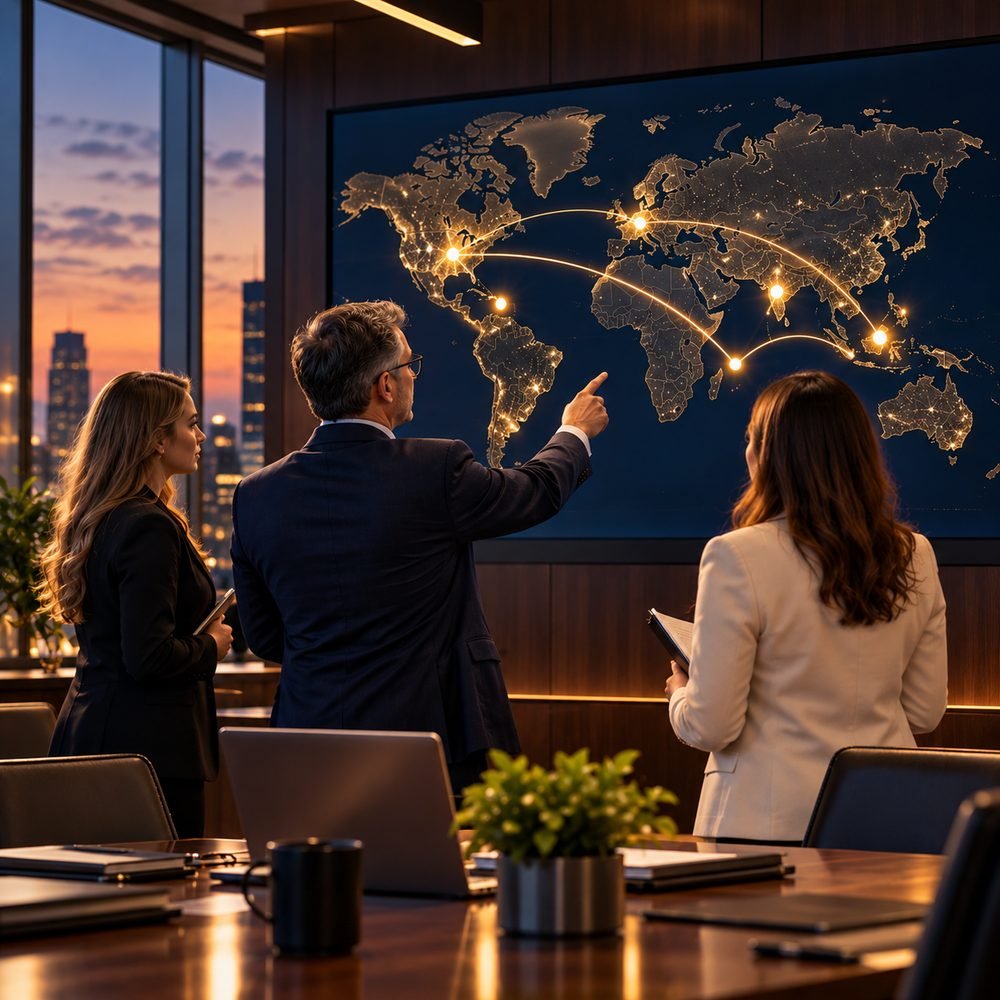 Team reviewing Infinity's global delivery map