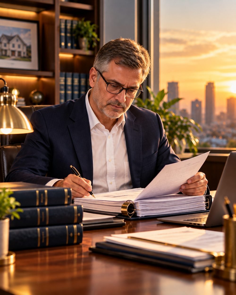 Senior title examiner reviewing a chain-of-title binder
