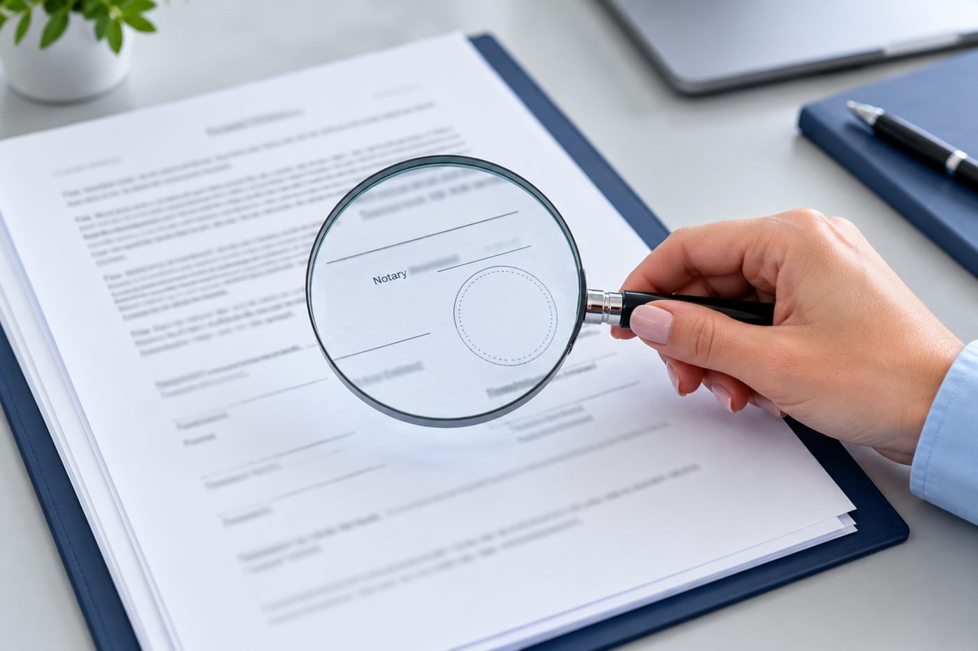 Reviewer checking signature and notary pages in a closed loan file