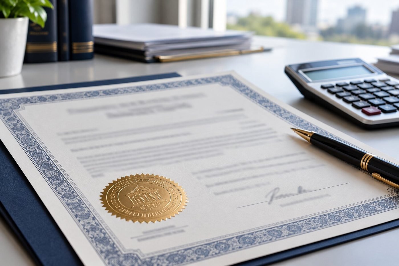Official tax certificate with a seal on a desk