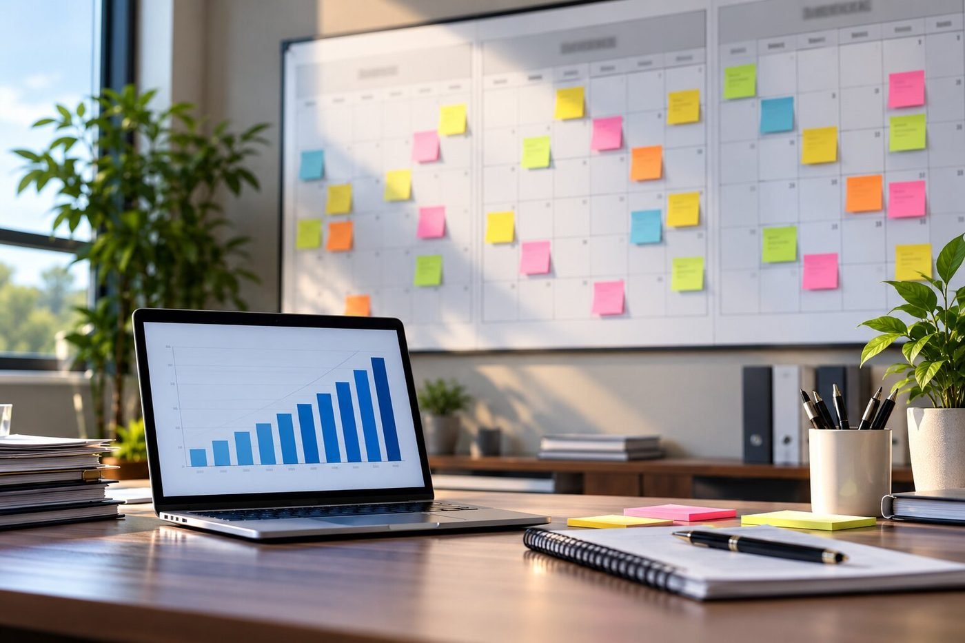 Wall calendar and dashboard showing workload across a season