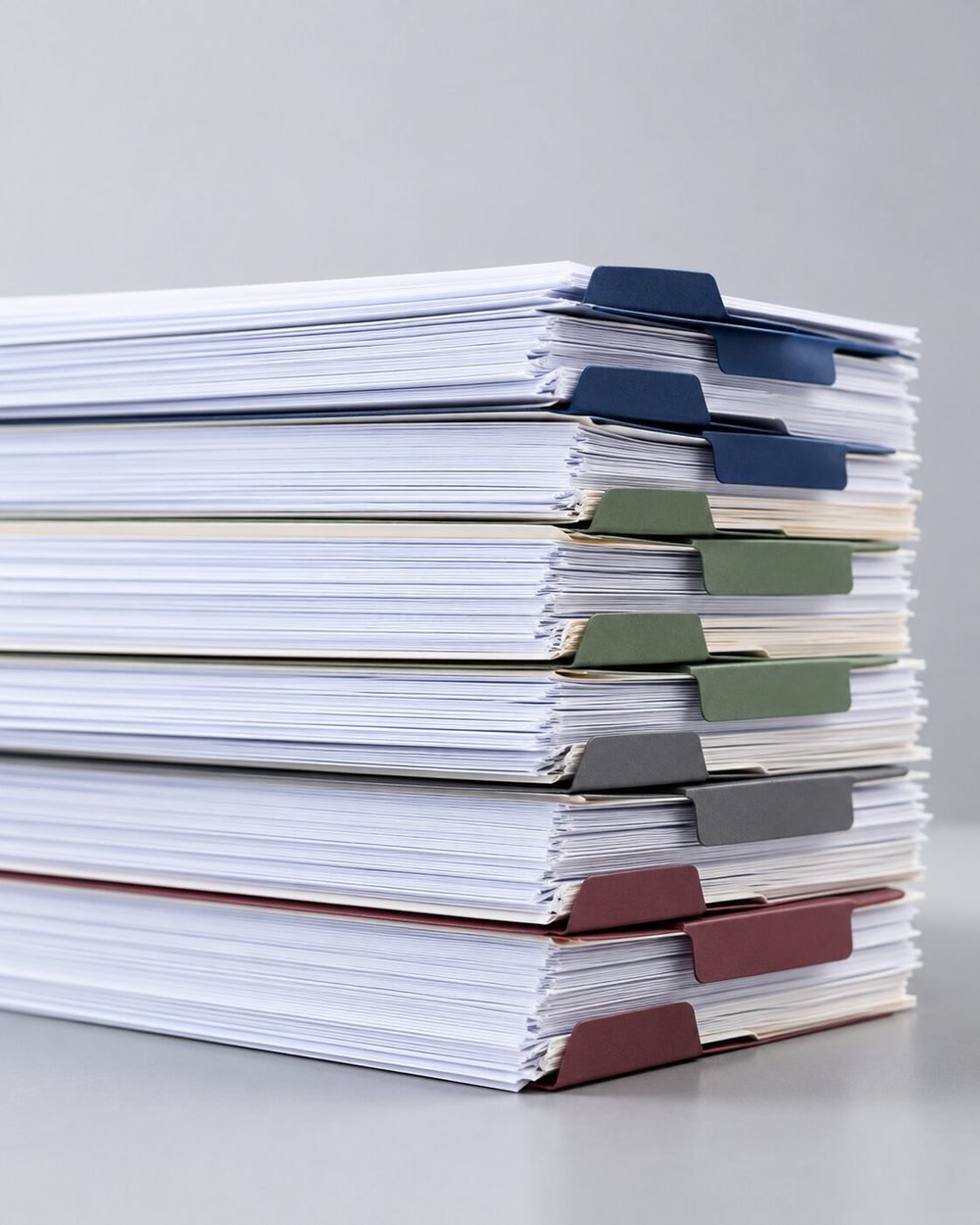 Stack of closing documents separated by colour-coded index tabs