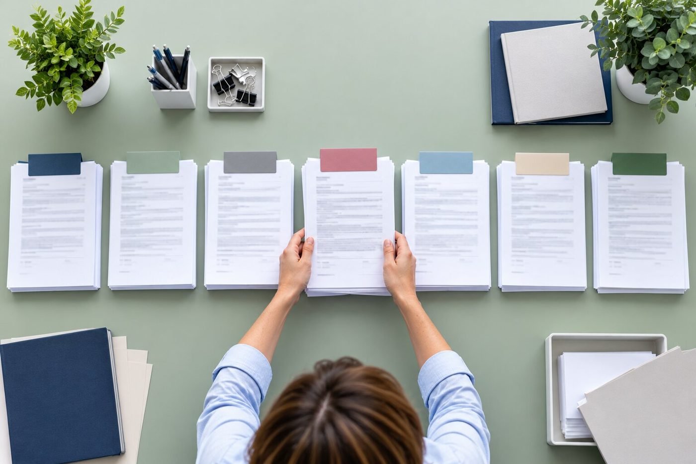 Loan documents sorted into ordered piles with divider cards