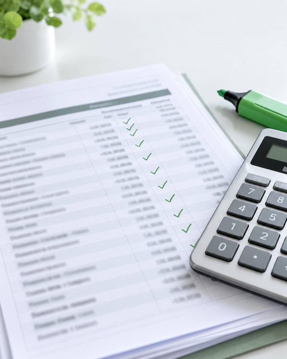 Bank statement with ticked lines beside a calculator