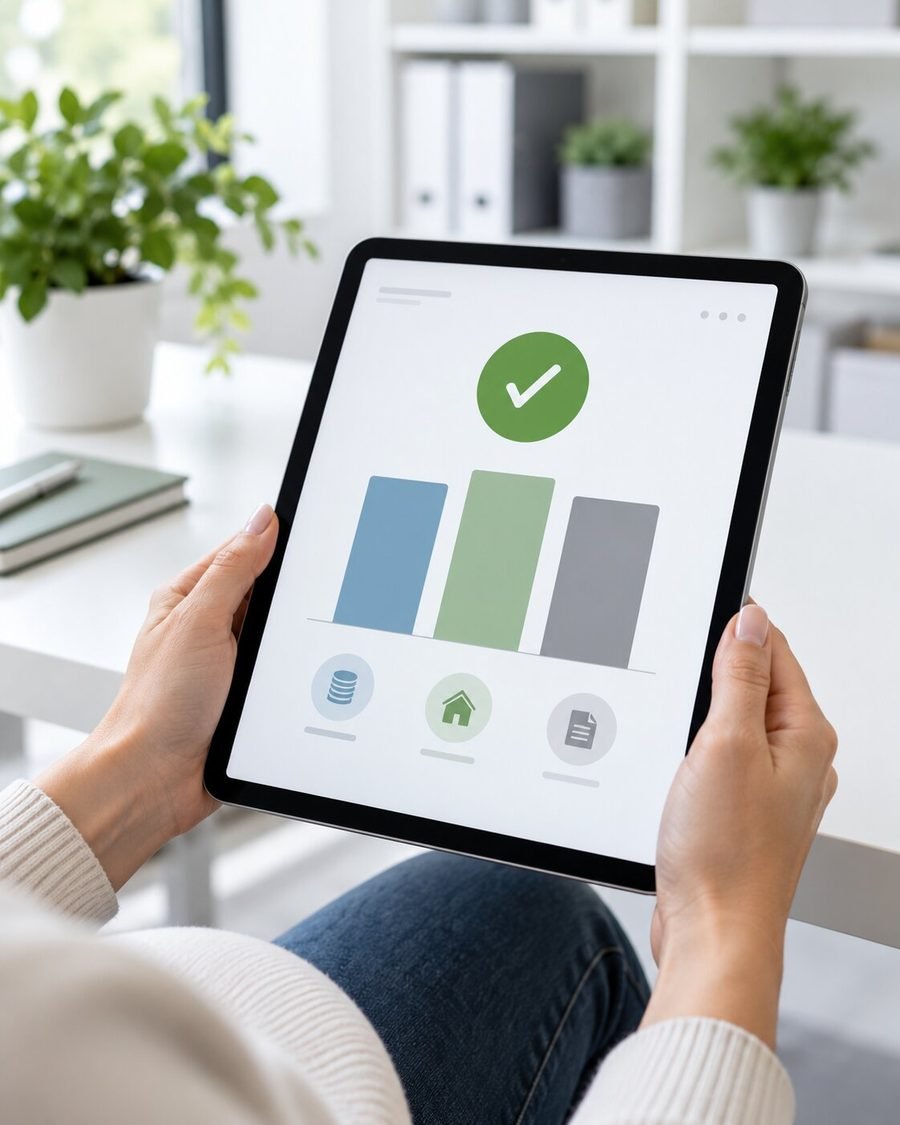 Tablet showing three balanced bars and a green check