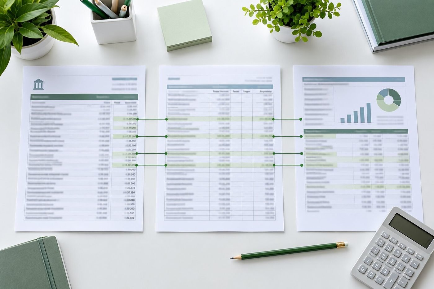 Bank statement, ledger and file report with matched lines