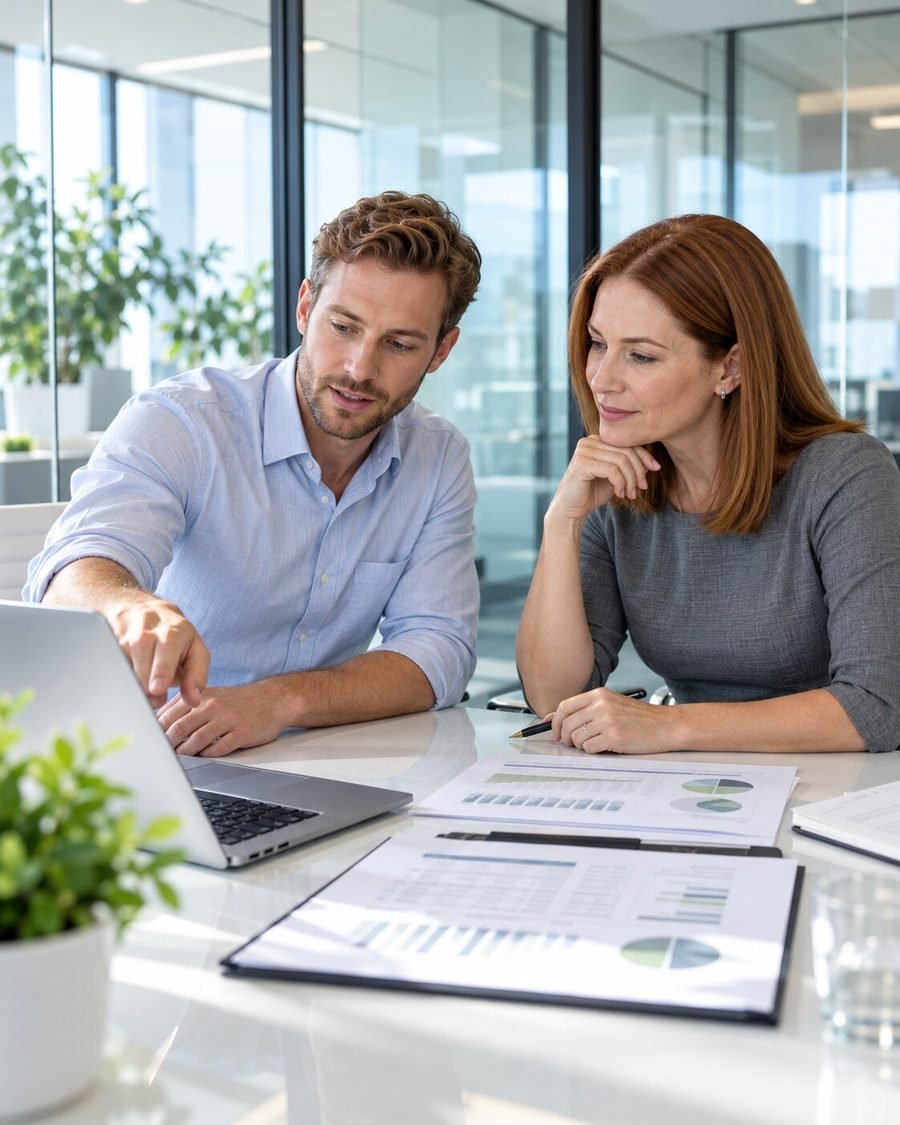Two colleagues reviewing a month-end report