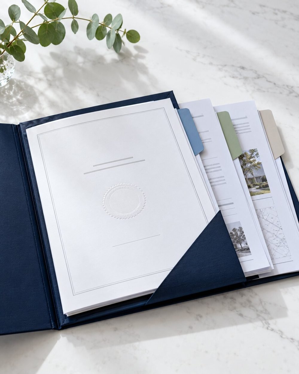 Finished title insurance policy in a navy presentation folder
