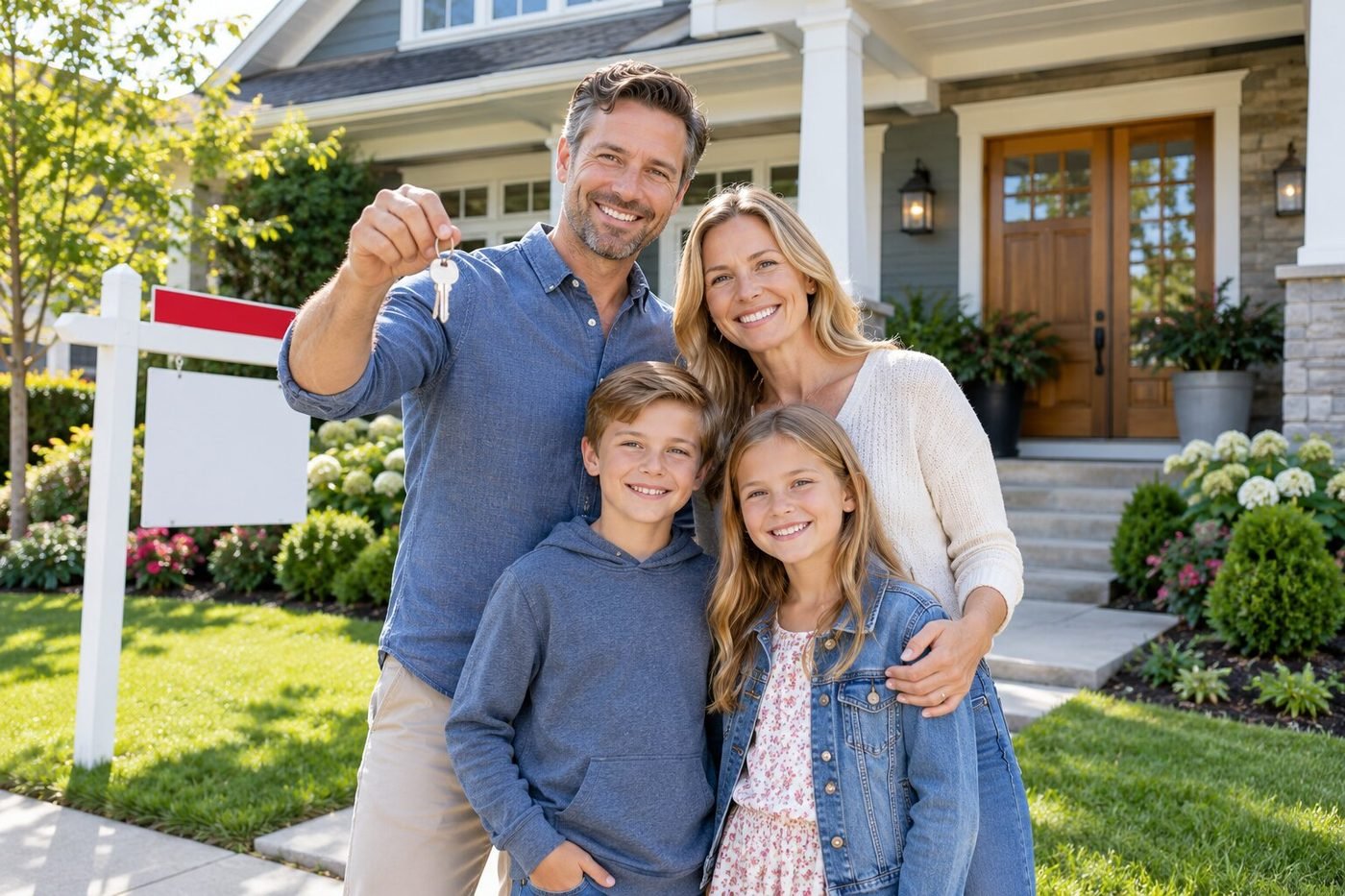 Family holding the keys to their new home