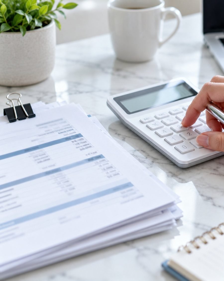 Fee invoices checked with a calculator