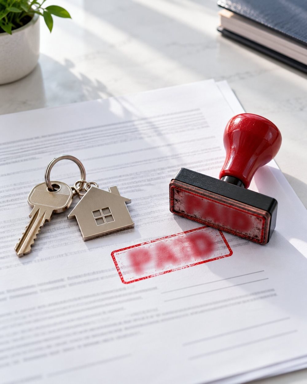 Paid stamp on a mortgage note beside house keys
