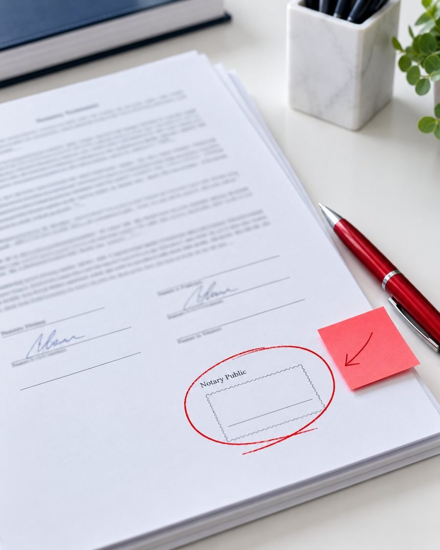 Missing notary seal circled on a deed
