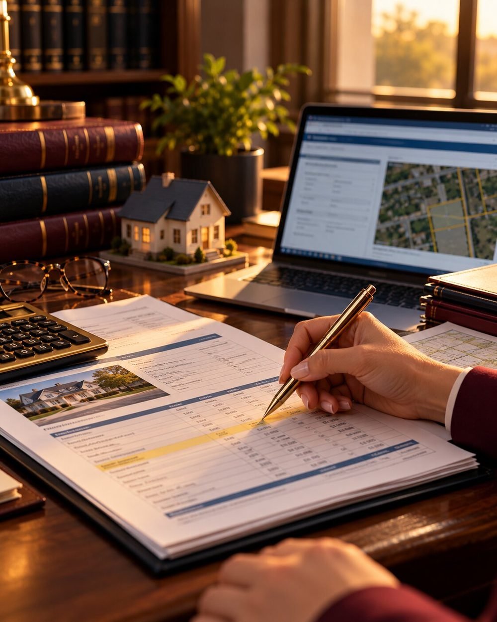 Reviewing figures on a property tax report beside a county parcel map