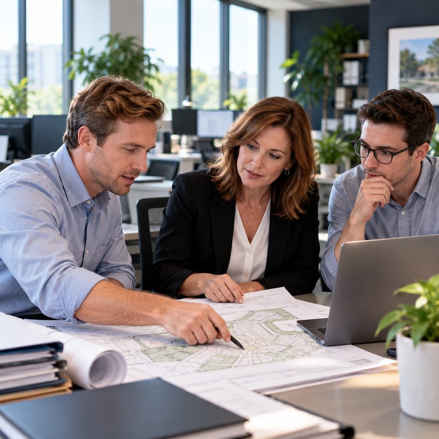 Team members reviewing a plat map
