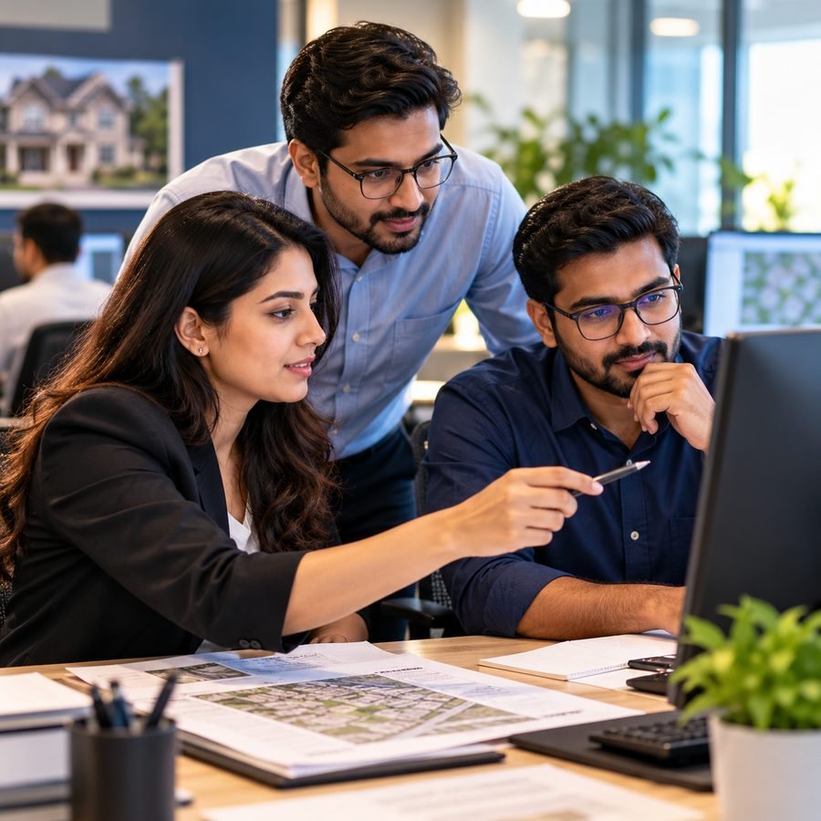 Team members reviewing a plat map