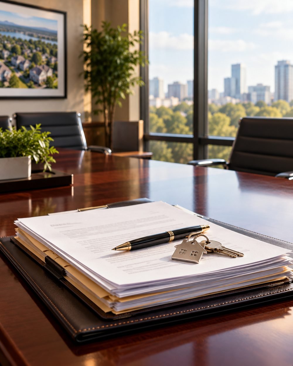 Closing file with a pen and house keys on a conference table