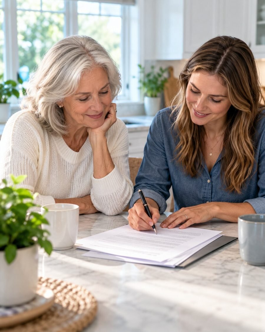 Heirs signing documents at a kitchen table