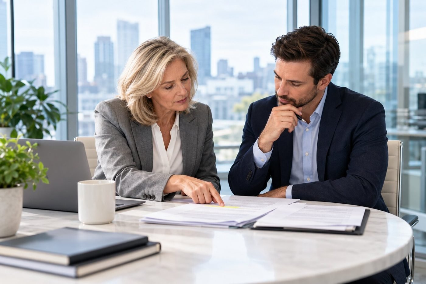 Attorney and curative specialist reviewing a document