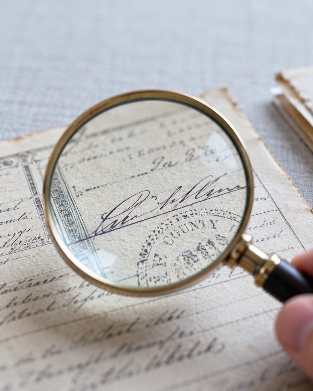 Magnifying glass over a signature and county recording stamp on an old deed