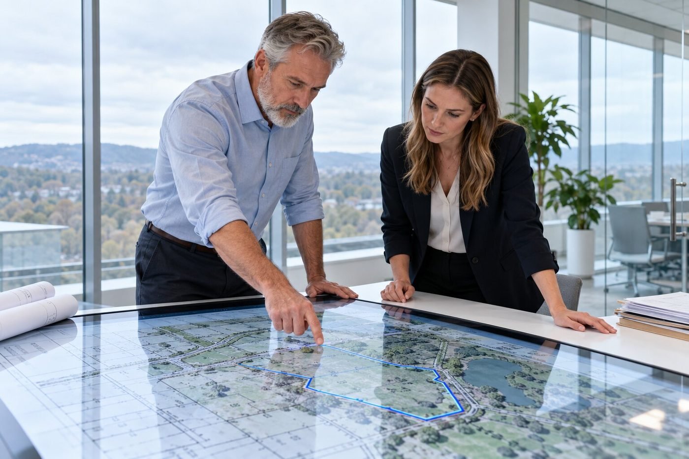 Two examiners reviewing a parcel boundary on a survey plat