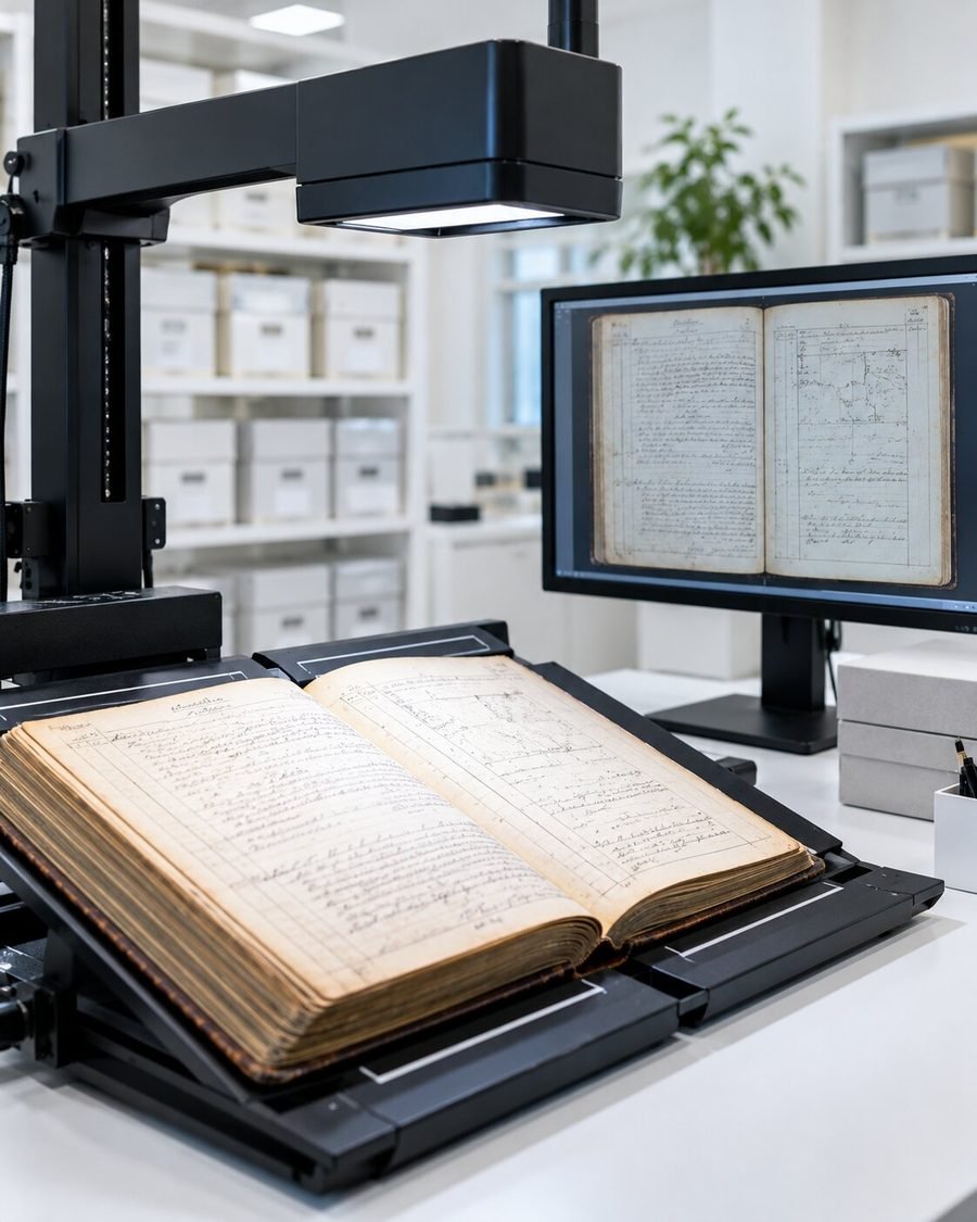 Old county record book on an overhead scanner