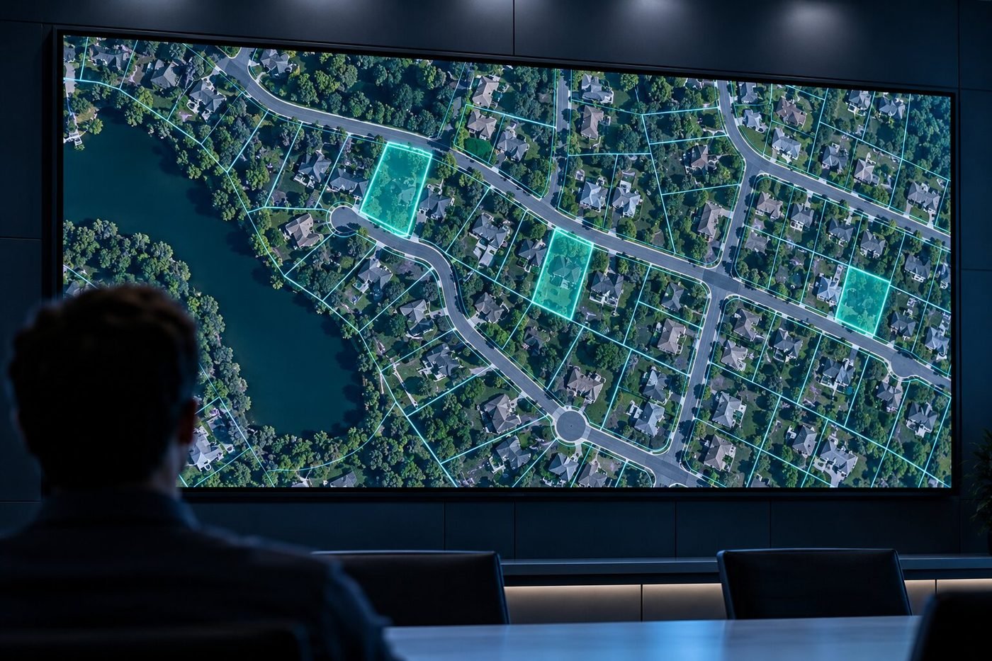 Parcel map with highlighted lots on a large screen