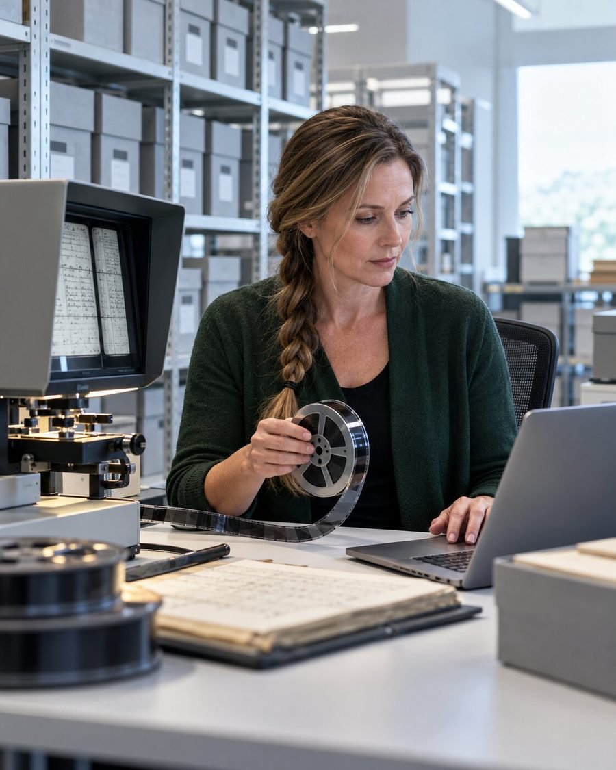 Team member keying data from microfilm